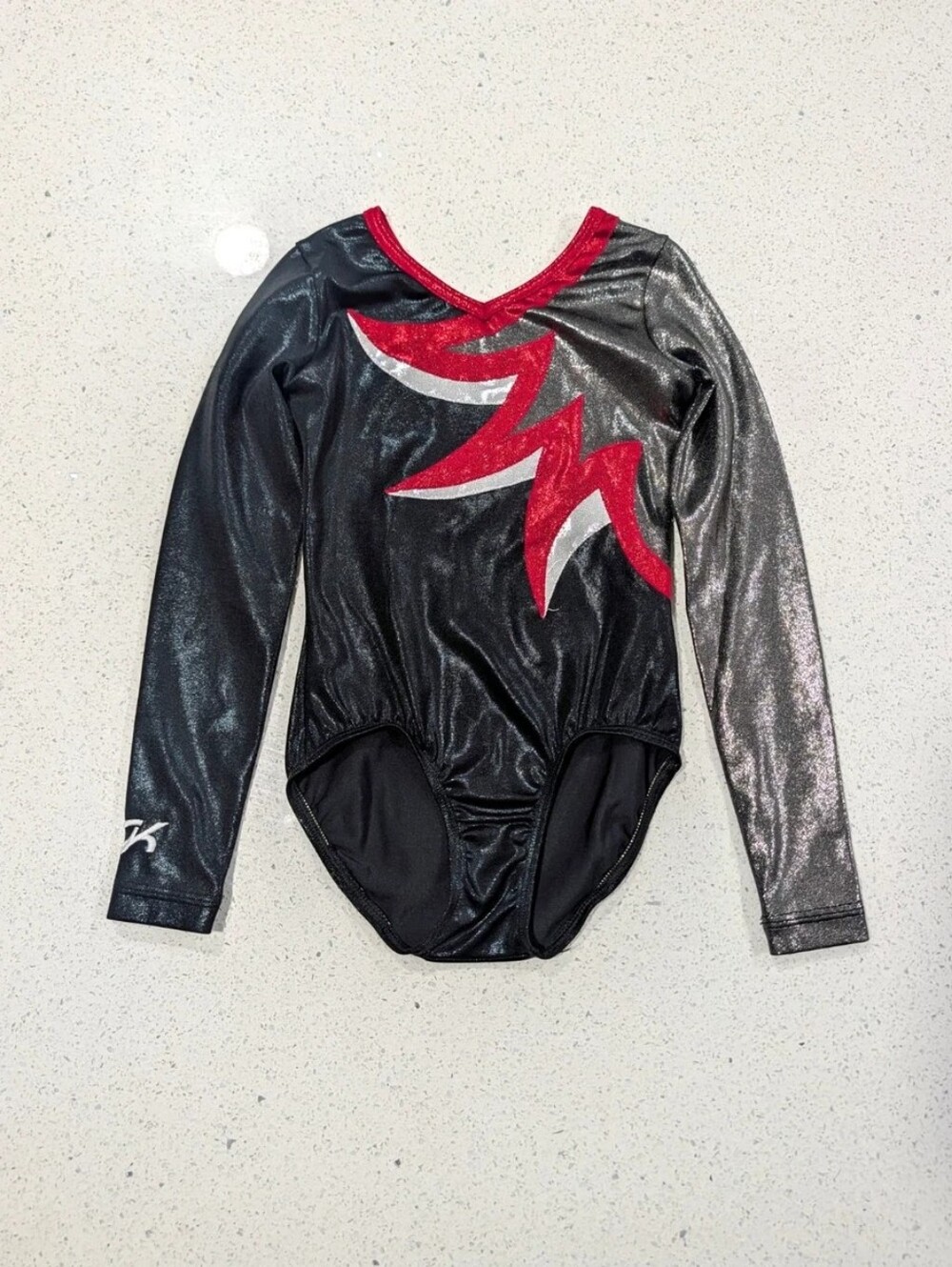 LONG SLEEVE GK Elite Gymnastics Leotard Large Child Gunmetal Red Silver MYSTIQUE